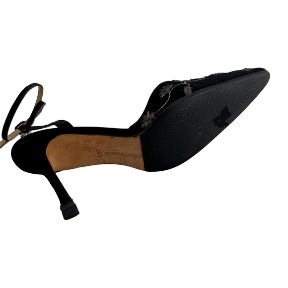COPY - Manolo Blahnik Black Silver Hand Painted Floral Ankle Wrap Pumps Size 36 - Picture 10 of 11